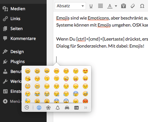 Emojis können unter OSX Mavericks mit den Tasten [ctrl]+[cmd]+[Leertaste] eingefügt werden.